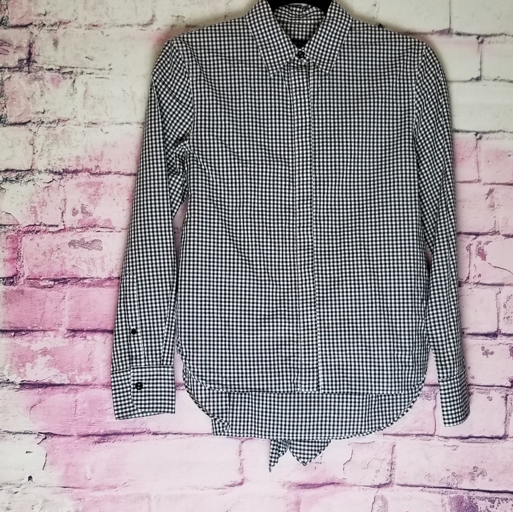 RAG & BONE BLACK WHITE PLAID GINGHAM PRINT BOW TIE BACK BUTTON FRONT SHIRT XS